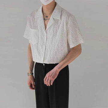 Riolio New Trend Men Cardigan Tops Textured Suit Collar Short Sleeve Shirts Leisure Jacquard Shirts for Man Luxury Style Premium Blouse